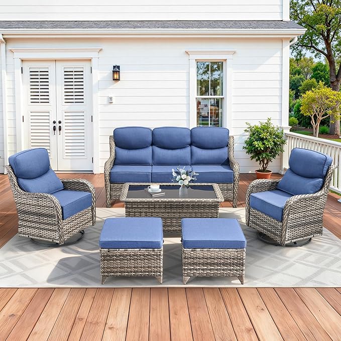 Pugire Luxury High Back Patio Furniture Set with 6-Inch Thick Cushions, 6-Pieces Outdoor Furniture with Swivel Chairs, Wicker Conversation Set for Porch, Balcony, Deck and Yard, Grey/Blue