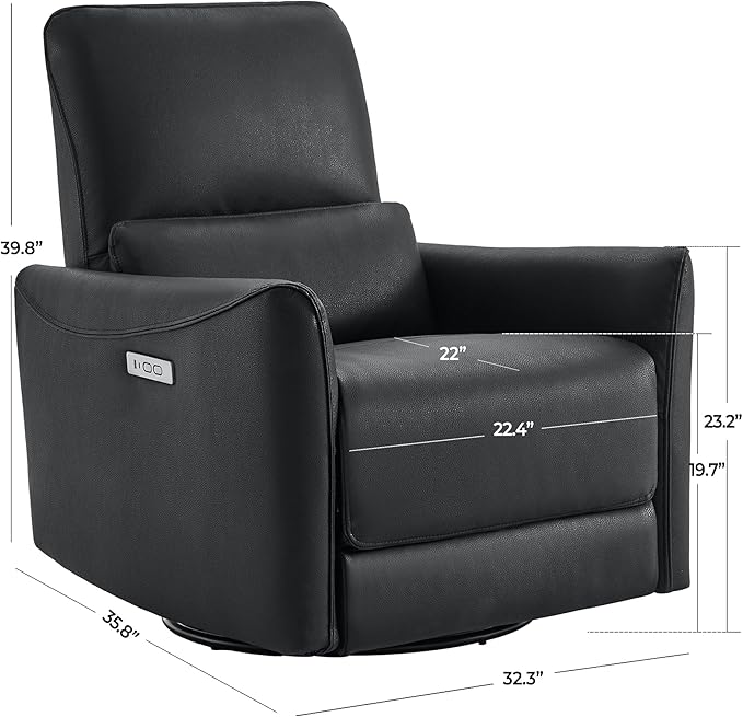 CHITA Power Recliner Chair Swivel Glider, FSC Certified Upholstered Faux Leather Living Room Nursery Reclining Sofa Chair with Lumbar Support, Black