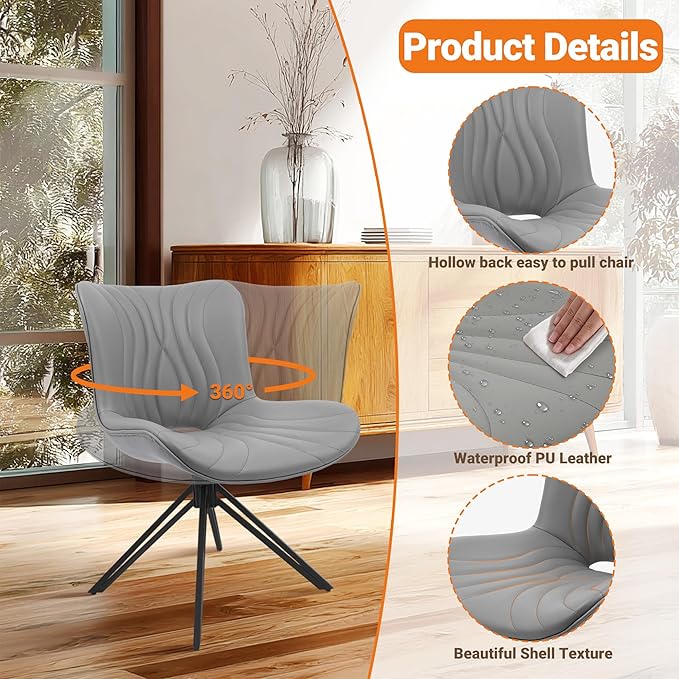 VATROS Dining Chairs Set of 4, 360° Swivel Upholstered Mid-Century Modern Kitchen Dining Room Chairs, Armless Faux Leather Accent Side Chair with Padded Back, Metal Legs for Living Room Bedrooms,Grey