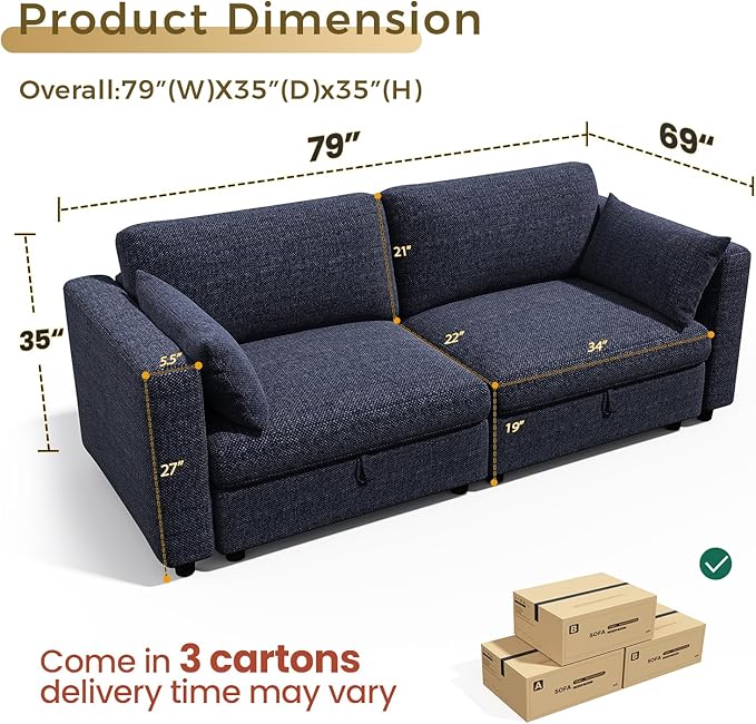 KKL Modular Sectional Sofa Couches for Living Room, 79" Loveseat Couch Down Filled Sectional Sofa with Adjustable Backrest, Oversize Cloud Deep Couch 2 Seater with Comfy Cushion, Chenille, Blue