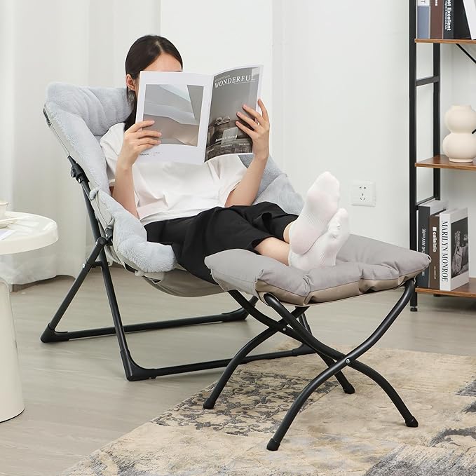 Mordchil HF 15"(H) Folding Ottoman, Foldable Footrest Stool, Portable Small Foot Stool for Couch, Collapsible Foot Rest Ottoman for Sofa, Accent Padded Ottomans for Home, Living Room, Light Grey
