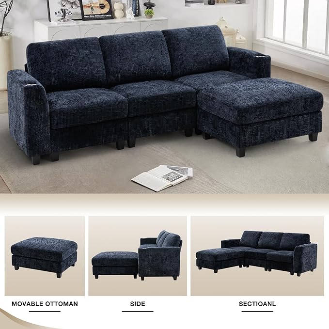 Lesofair 87" Convertible L-Shape Couch with Flexible Ottoman, Soft Sectional Sofa with 2 Built-in Cup Holders, Chenille 3 Seats Sofa with Well-Filled Back Cushions for Living Room, House, Blue