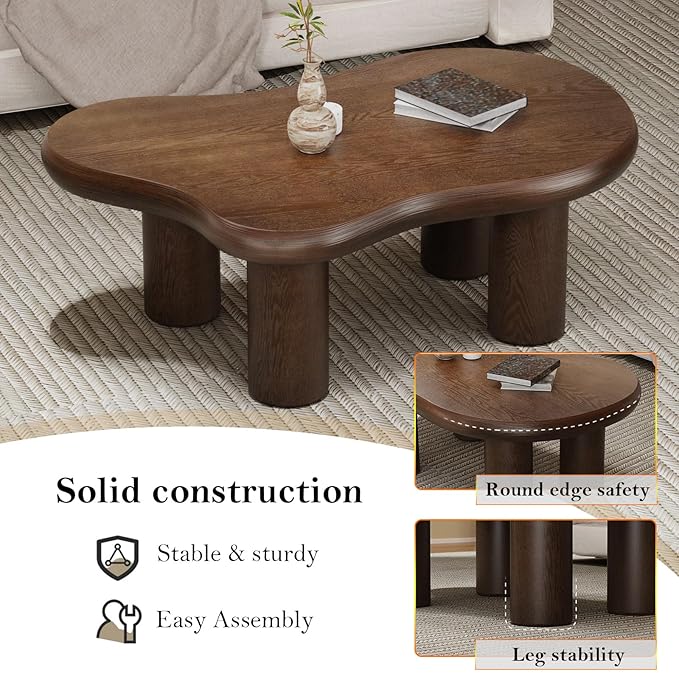 Brown Cloud Coffee Table Modern Irregular Low Center Tables Unique Asymmetrical Minimalist Tea Table with 4 Leg for Living Room Study (Brown 46.06in)