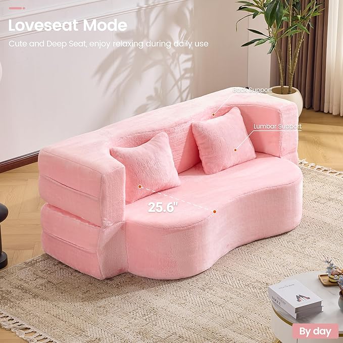 Orynveela Convertible Folding Sofa Bed, 71” Single Size Floor Sleeper Couch, Chenille Full Foam Futon Loveseat for Living Room Bedroom, No Assembly Required (Pink)