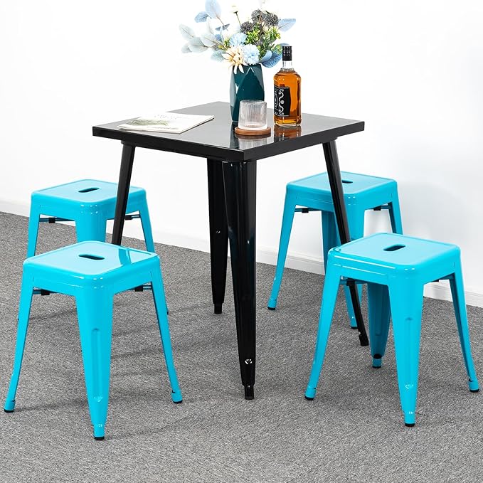 Brage Living 18 Inch Industrial Metal Stools Set of 4, Stackable Classroom Stools, Backless Metal Dining Chairs for Indoor Outdoor, Kitchen Short (Teal Blue)
