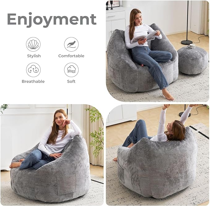 Giant Bean Bag Chair with Ottoman for Adults, Oversized Bean Bag with Filling Plush Fluffy,BeanBag Floor Sofa Chair with with Back Support for Living Room, Bedroom, Reading,Grey