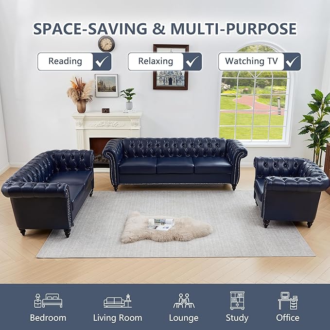 QHITTY Accent Large Sofa, Chesterfield Couch 3 Seater Modern Leather Couch Upholstered Sofa with Tufted Back for Living Room Furniture (Blue)