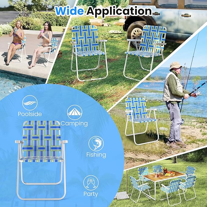 GYMAX Lawn Chair Folding, Webbed Beach Lounge Chairs Set with Highback, Outdoor Portable Lightweight Camping Dinning Chair for Patio, Lawn, Poolside, Sports, Garden, Backyard (6,Blue)