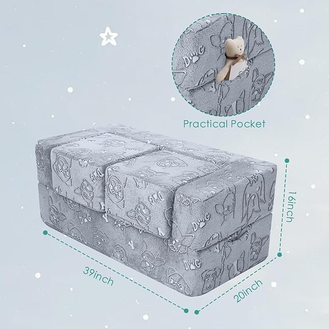 MeMoreCool Kids Sofa Couch, Glow-in-The-Dark Plush Cover, Convertible Foam Loveseat with Armrests & Pocket, Gray Dog Pattern, Playroom & Bedroom Children’s Furniture, 39" x 20" x 16"