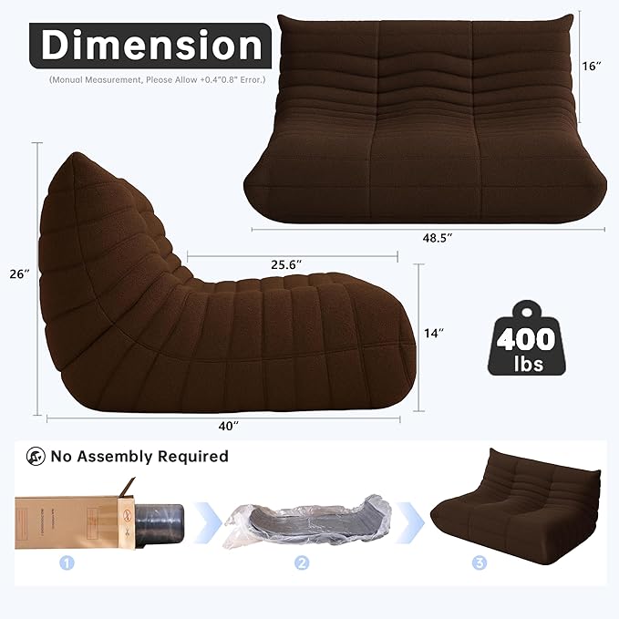 Bean Bag Chairs for Adults, Memory Foam Couch Loveseat Sofa Chair, Soft Teddy Material Cozy Comfy Reading Nook Chairs, Floor Chair for Living Room Bedroom Office(Coffee)
