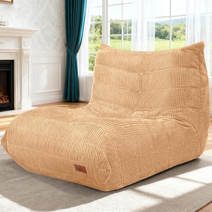 Bean Bag Chair,Giant Beanbag Chairs for Adults,Comfy Large Fireside Chair Lazy Sofa,Corduroy Bean Bag Lounger with Memory Foam Filled,Floor Sofa Couch for Home,Dorm,Living Room (Khaki)