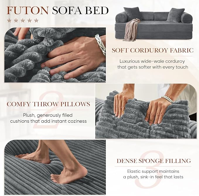 Modular Couch Bed, Convertible Folding Plush Corduroy Comfy Floor Memory Foam Compression Loveseat Sleeper Sofa Couch, King Size Bed for Guest Room Living Room Bedroom, No Assembly Required, Grey