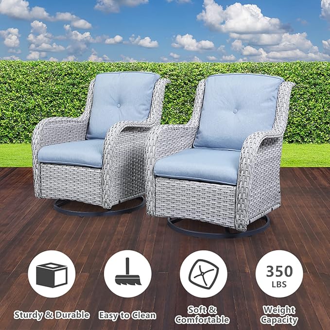 Belord Wicker Patio Furniture Sets - 8 Piece Outdoor Rattan Furniture Conversation Sets with 4 Swivel Rocker Chairs, Rattan Sofa, Wicker Ottomans and Coffee Table, Light Grey/Baby Blue