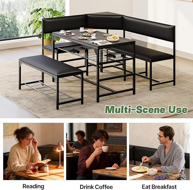 Concho Kitchen Breakfast Nook Table Set with Soft Seat, Corner Dining Table Set for 4-6 People, Dining Room Sets for 4, Space Saving Kitchen Booth Seating with Table for Small Space, Deep Grey