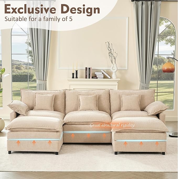GOSUHI 108" U Shaped Couch, Modular Sectional Sofa, 3-Seater Comfy Cloud Couch with Movable Ottoman, Deep Seat Couches for Living Room, Chenille, Flat White
