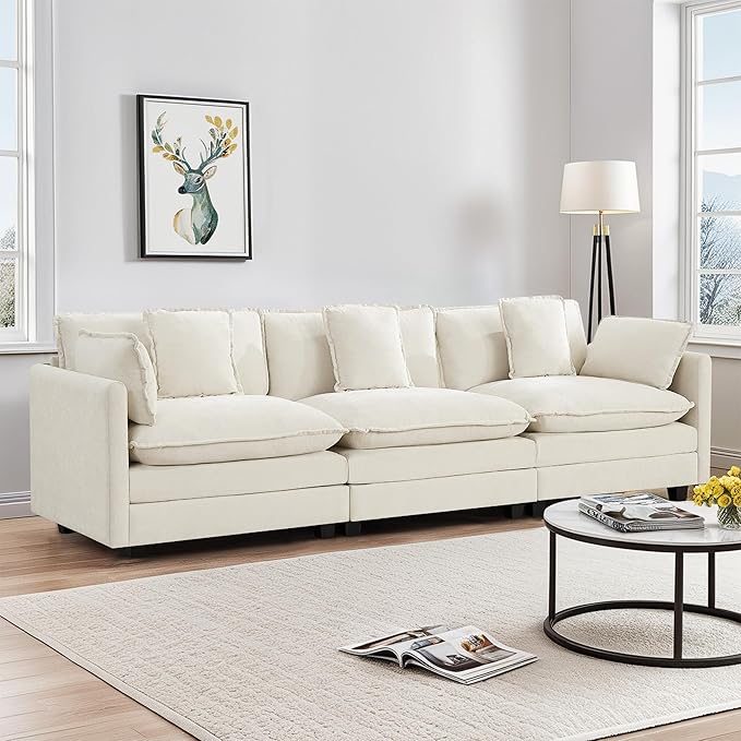 UMBFUN 3-Seater Cloud Couch, Oversized Modular Sectional Sofa with Deep Seat Soft Cushions, Comfy Chenille Couch for Living Room, Apartment & Family Space, Beige