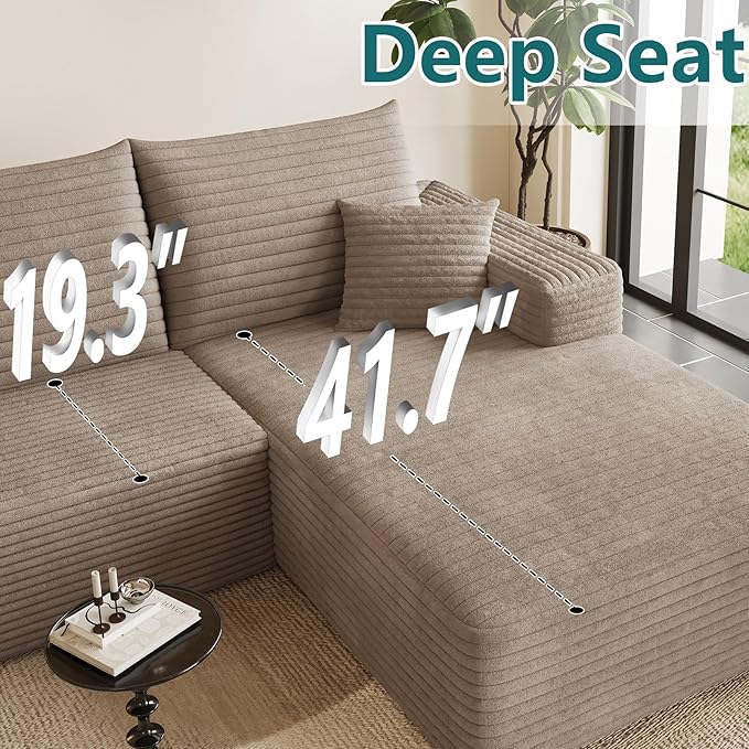 95" U-Shape Cloud Couch, Modern Modular Sectional L-Shape Sofa with Ottoman, Corduroy Upholstered Couches Deep Seat Sleeper Chaise Longue for Living Room, No Assembly Required(Camel, Right Facing)