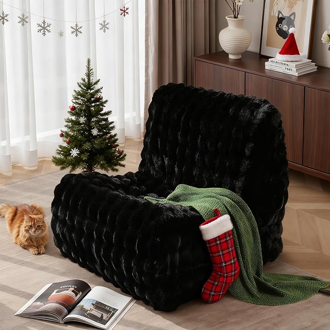 Black Bean Bag Chairs for Adults,Comfy Small Bean Bag Sofa with Back Support,Memory Foam Bean Bag Chair for Kids,Faux Fur Fireside Beanbags Lazy Sofa for Bedroom,Dorm,Apartment,Living Room