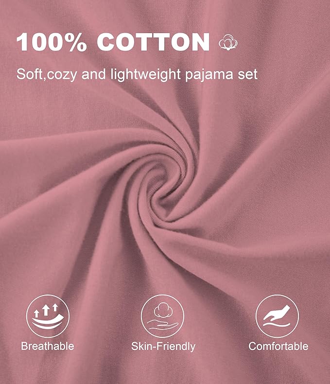 CF Women's 100% Cotton Pajama Sets Soft Short Sleeve Tops & Pants Comfy Sleepwear 2 Piece Lounge set with Pockets Loungewear