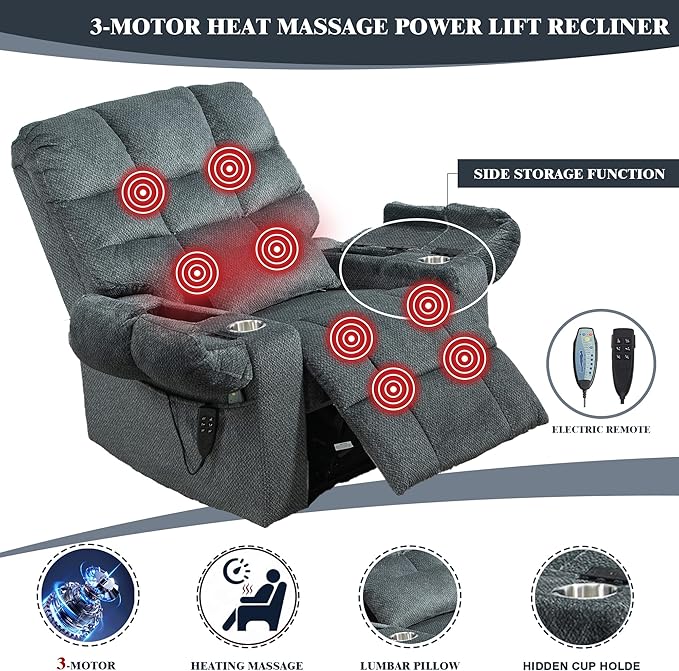 Lift Recliner Chairs with Heat and Massage for Elderly, Zero Gravity, Big Man Recliners 400lbs, Triple Motor, Power Lift Recliner Chair with Storage Cup Holders for Adults, Sleeping, Blue