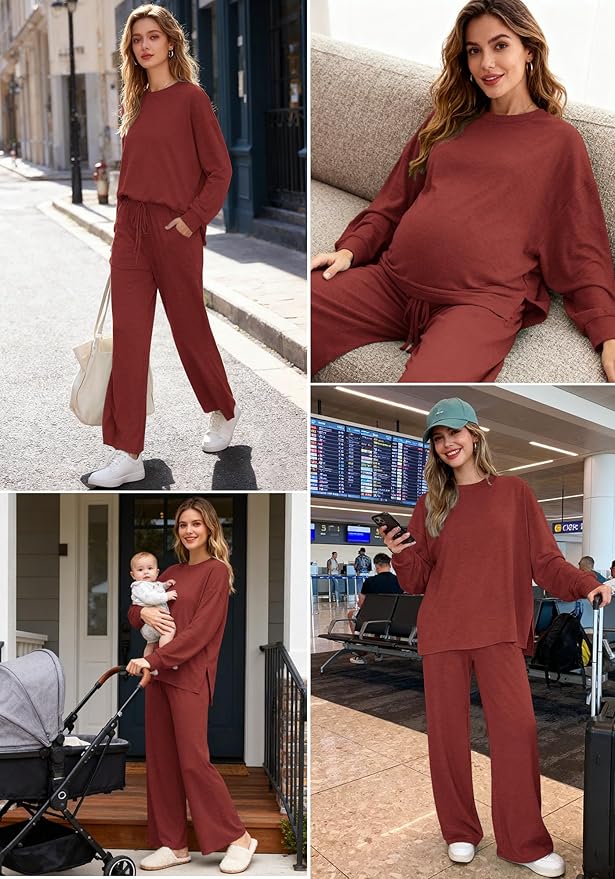 AmazingStar Womens Lounge Set 2025 Fall 2 Piece Outfits Long Sleeve Tops Wide Leg Long Pants Cozy Matching Sets Clothing