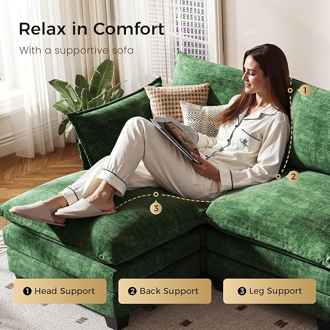 KKL Modular Sectional Sofa, J-Shaped 5 Seater Convertible L-Shaped Cloud Couch with Ottoman, Chenille Modern Sectional Couches for Living Room, Apartment Green