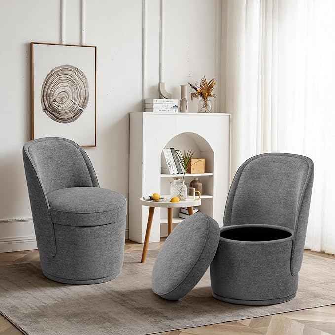 MALOL Swivel Accent Chair Set of 2, 360° Swivel Round Chair with Hidden Storage, Vanity Chairs, Modern Small Barrel Armchair for Living Room/Bedroom, Darkgrey