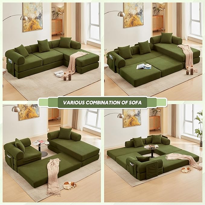 L Shaped Convertible Modular Sofa Bed with Cylindrical Pillow & Reversible Chaise, Corduroy Folding Floor Sofa Couch Bed with Fixed-Shape Frame & Storage Pocket for Living Room, Green