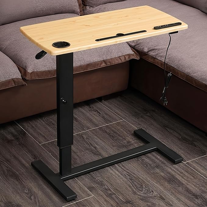 Overbed Bedside Table with Wheels, Height Adjustable Hospital Bed Table, Mobile Computer Standing Laptop Desk with USB Charge and Cup Holder