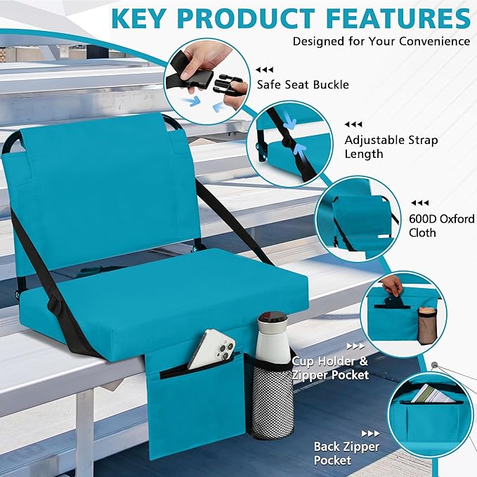 Stadium Seat for Bleachers with Back Support and Wide Padded Cushion Stadium Chair - Includes Shoulder Strap and Cup Holder