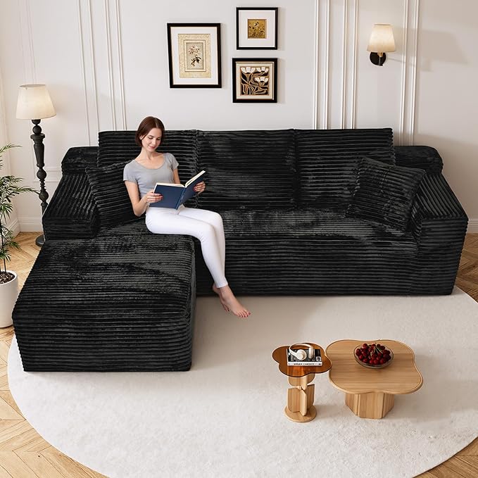 108" Boneless Cloud Sectional Couches for Living Room, Comfy Fluffy L Shaped Memory Foam Deep Seat Boneless Couch, Modular Sectional Sofa with Left Facing Chaise, Black