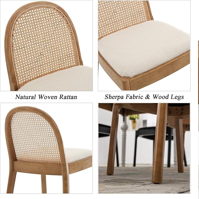 DUOMAY Mid-Century Modern Rattan Dining Chairs Set of 8, Wooden Dining Room Chair with Cane Backrest and Padded Seat, Sherpa Upholstered Dining Chair, Natural Finish, White
