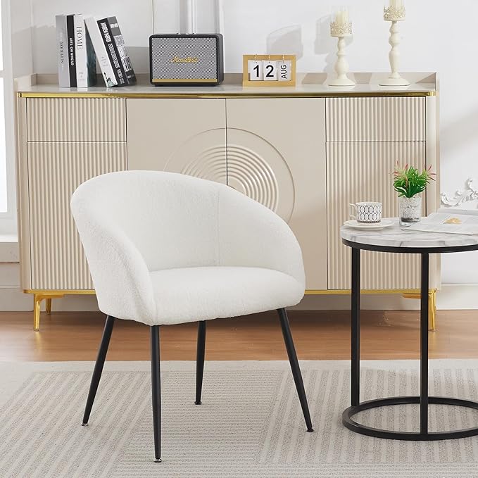 Modern Small Accent Chair, Comfy Sherpa Makeup Vanity Chair with Metal Legs, Decorative Chair no Wheels for Living Room, Dressing Room, Bedroom, White