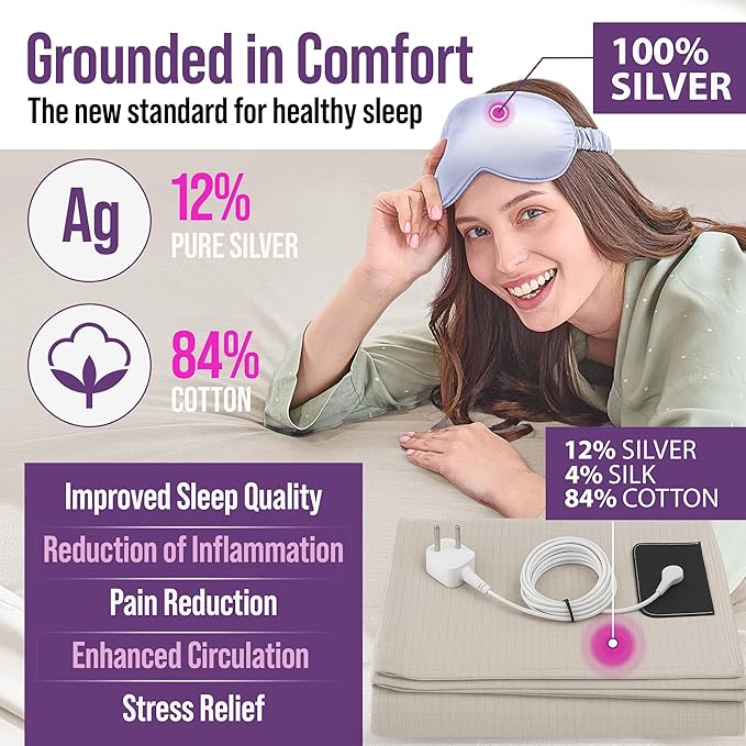 ECOHEAL Grounding Sheet Set - King Size, Beige Fitted & Flat Sheets with Pillowcases - 12% Silver Fiber, 4% Silk, 84% Cotton - SGS Quality Certified Conductive Bed Grounding Kit for Better Sleep