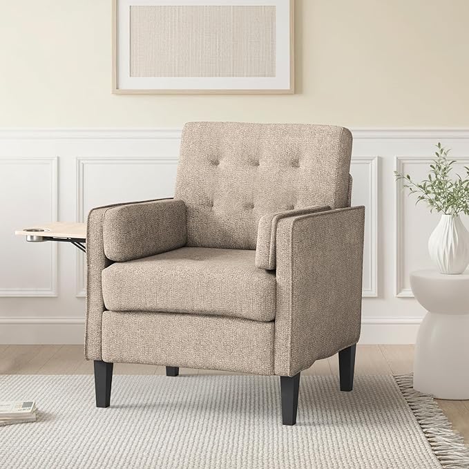 Chenille Accent Chair, Mid Century Modern Arm Chair with Foldable Wooden Side Table & Cup Holder - Comfy Reading Chair for Bedroom,Living Room Chairs,Single Sofa Chair,Beige