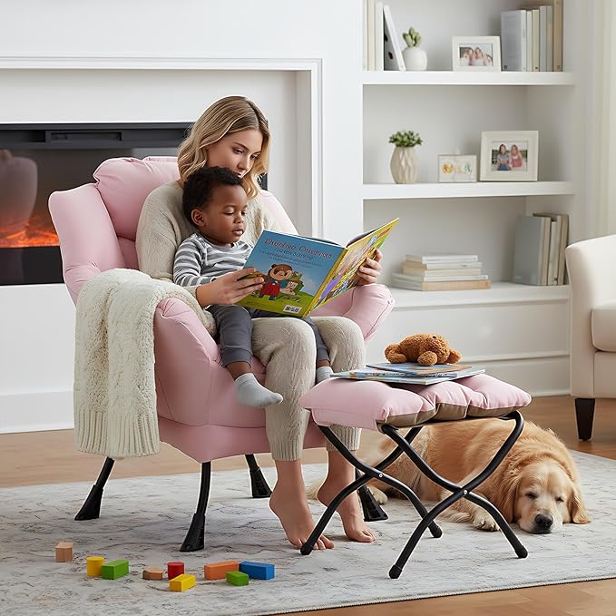 Welnow Lazy Chair with Ottoman, Modern Reading Lounge Accent Chair with Armrests and a Side Pocket, Leisure Upholstered Lazy Sofa Set with Footrest for Small Space