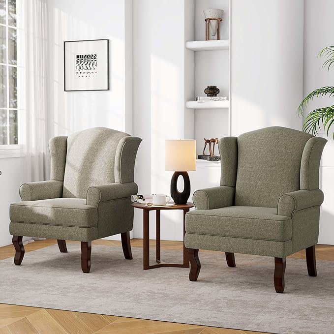 DREAMSIDEA Accent Chair, High Back Upholstered Armchair with High Resilience Sponge & Wood Legs, Mid-Century Modern Comfy Single Sofa Reading Chairs for Living Room, Bedroom (Light Camel, Set of 2)