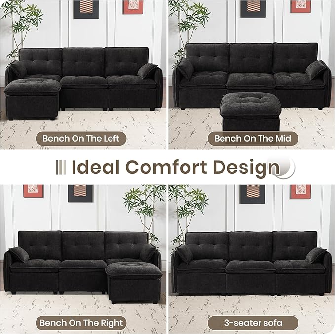 PALLOME 96" Modular L-Shaped Sofa - 3-Seat Cloud Couch with Movable Ottoman, Extra Deep Seat Sofa Couch with Throw Pillows for Living Room & Small Spaces (Black, 3-Seat + Ottoman)