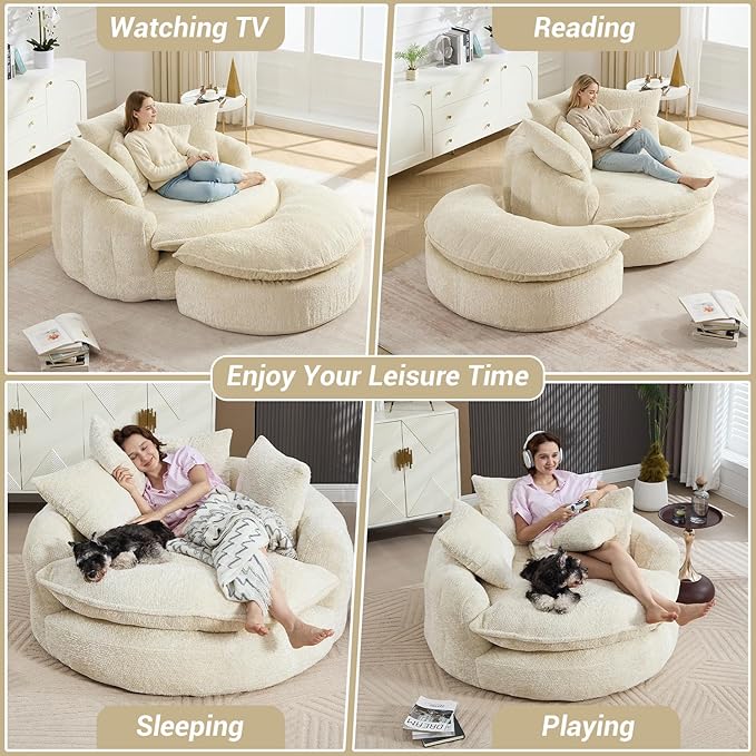 54" Oversized Round Chaise Lounge Indoor Boneless Bean Bag Chair with Movable Ottoman Fluffy Comfy Reading Chair Large Circle Cloud Couch Sleeper Sofa Bed for Living Room, Bedroom, Apartment, Beige