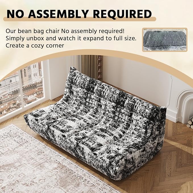 Bean Bag Chair, Fireside Chair, Large Bean Bag Chair for Adults, Bean Bag Chairs for Teens with High-Resilience Foam, Non-Slip Base Floor Lounge Sofa,Living Room (Cross White-Black, 3-Seater)