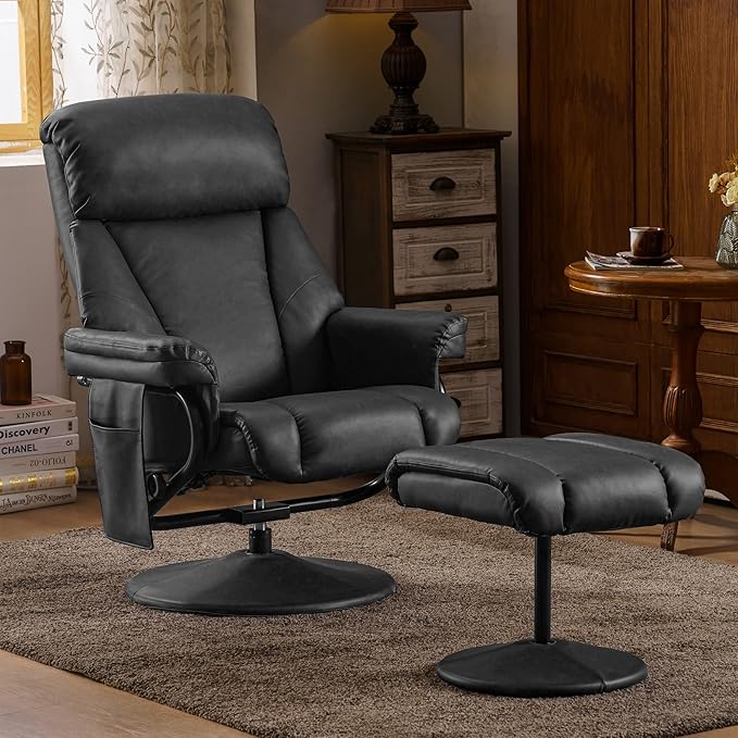 MCombo Swivel Recliner with Ottoman, TV Chair with Vibration Massage, Ideal for RV Small Space, Living Room & Bedroom 4539 (Faux Leather, Dark Grey)