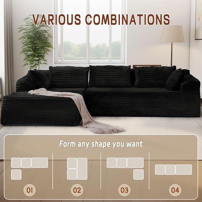 Korser 110" Sectional Couches for Living Room, Modular Sectional Sofa with L-Shape Chaise, Cloud Couch, Comfy Corduroy Fluffy Couch with Deep Seat and Side Pockets
