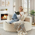 55"W Oversized Round Chair Lounge Chaise Indoor, Upholstered Comfy Circle Sofa Armchair, Modern Cozy Boneless Foam Floor Reading Chair for Living Room, Bedroom, No Assembly Required(Corduroy, Beige)