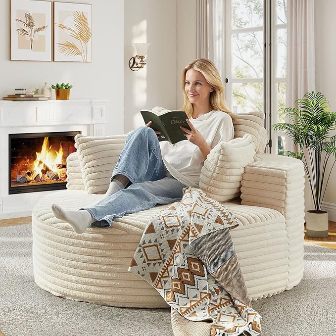 55"W Oversized Round Chair Lounge Chaise Indoor, Upholstered Comfy Circle Sofa Armchair, Modern Cozy Boneless Foam Floor Reading Chair for Living Room, Bedroom, No Assembly Required(Corduroy, Beige)