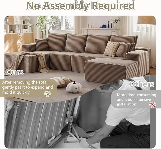 Lakifun 135" L-Shape Sofa with Ottoman, Modern Modular Sectional Comfy U-Shape Cloud Couch, Deep Seat, Upholstered Corduroy Sleeper Chaise Longue for Living Room Bedroom, No Assembly Required, Camel