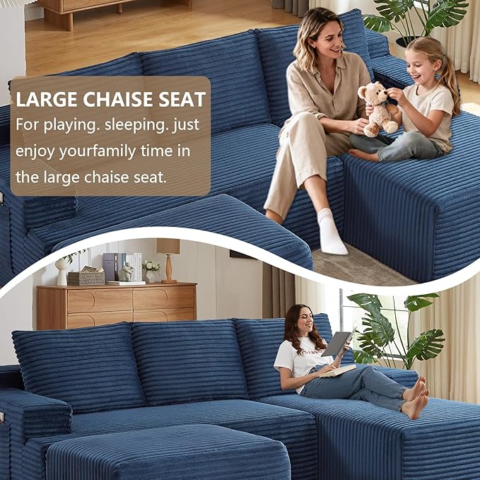 96" U-Shape Cloud Couch, Modern Modular Sectional L-Shape Sofa with Ottoman, Corduroy Upholstered Couches Deep Seat Sleeper Chaise Longue for Living Room, No Assembly Required(Blue, Right Facing)