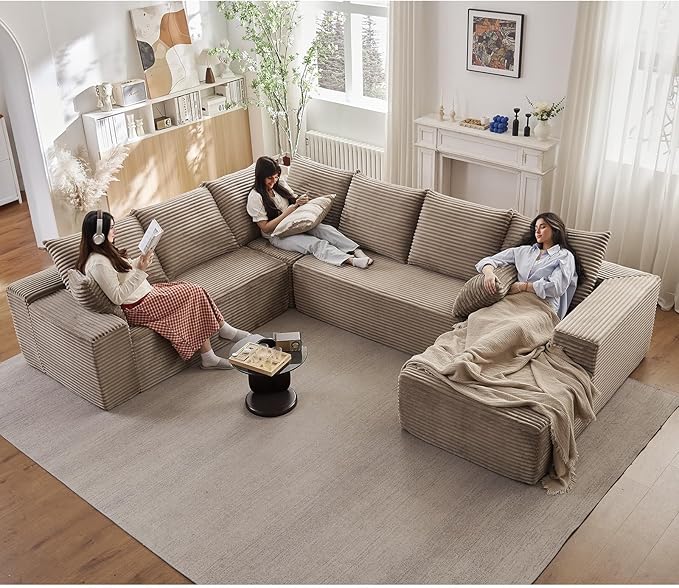 Sectional Cloud Couch with L-Shape Chaise, Modern Modular Comfy Sofa with Deep Seat, Upholstered Corduroy Couches Stupendous U Shaped Sofas for Living Room Bedroom, No Assembly Required, Camel