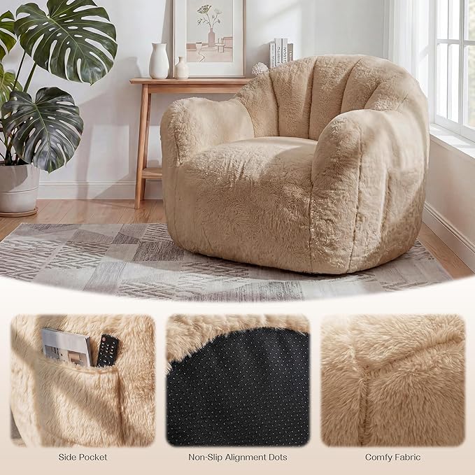 Homkdom Bean Bag Chair, Giant Bean Bag Chair for Adults, Shell-Shaped Bean Bag Couch with Armrests & Side Pockets, Comfy Beanbag Lazy Couch Reading Chair for Bedroom, Living Room, Khaki