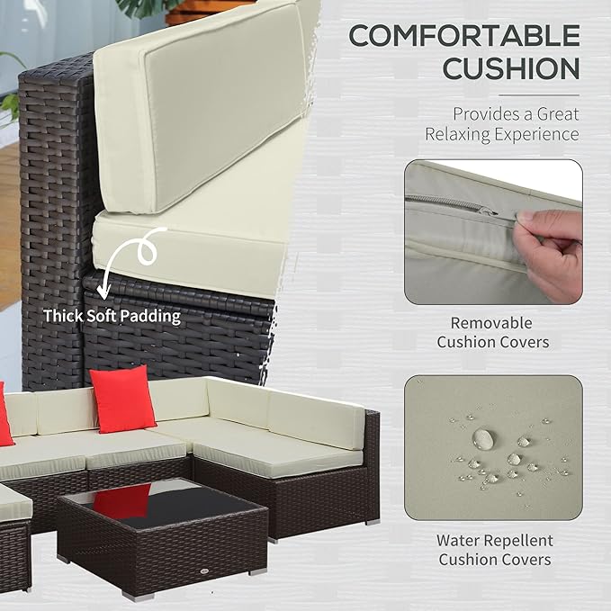 Outsunny 7-Piece Patio Furniture Set, Outdoor Wicker Conversation Set, All Weather PE Rattan Sectional Sofa Set with Cushions and Tempered Glass Top Coffee Table, Pillows, Cream White