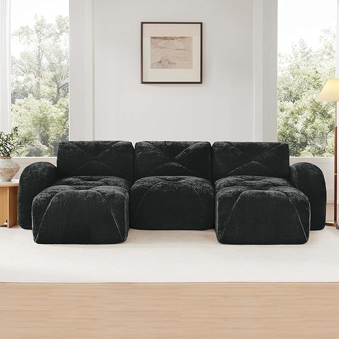 Modular Sectional Sofa with Free Combination,Boneless Floor Couch for Living Room & Lounge,Velvet 3-Seater Sectional Couch with 2 Ottomans,No Assembly Needed